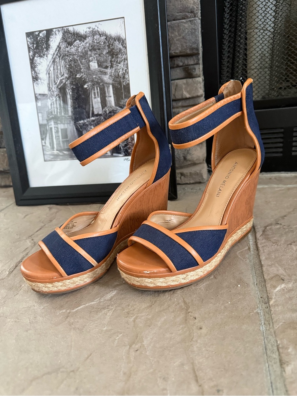 Antonio Melani Denim & Tan Leather Espadrille Wedge Sandals